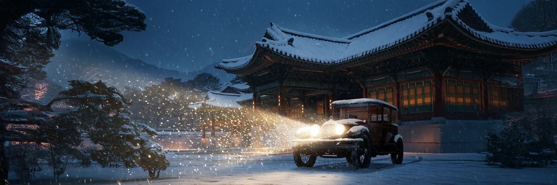 Snowy palace and imperial carriage cinematic key visual